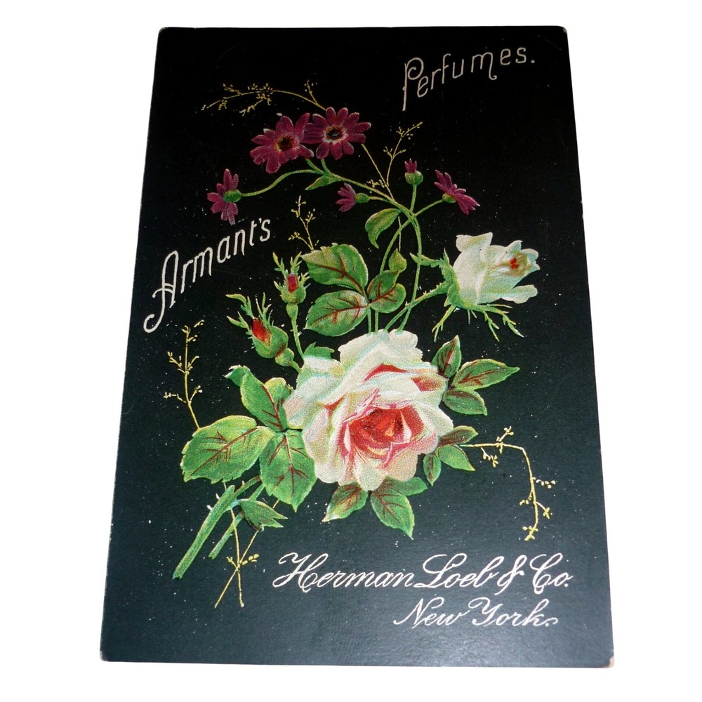 Victorian Trade Card 1888 Armant's‎ Perfumes Herman Loeb NY Black Ground Floral